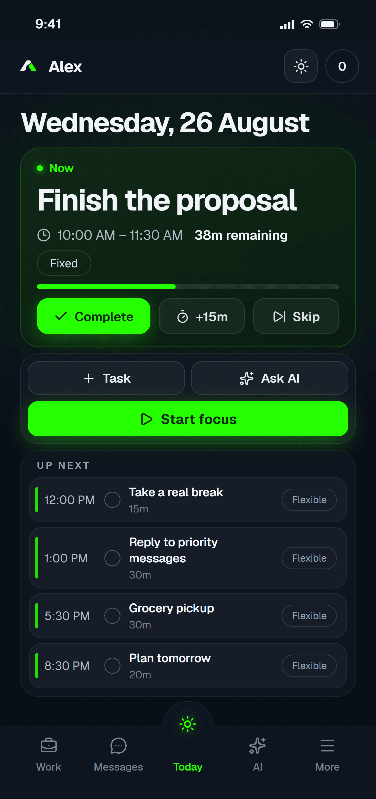 Aylow Today showing a planned day with a current focus block and upcoming tasks